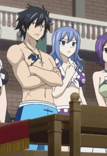 a group of anime characters including gray and juvia are standing around a table