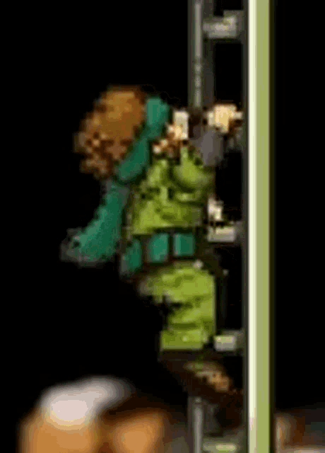 a pixel art of a man in a green jacket climbing a pole .