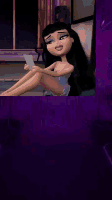 a woman with a nose ring looks at the camera with a purple background