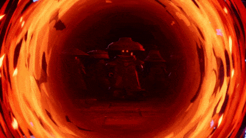 a cartoon character is standing in the middle of a fire filled tunnel