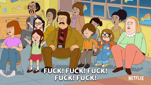 a cartoon of a group of people sitting in chairs with the words " fuck fuck fuck fuck fuck "