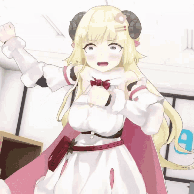 a girl with horns is wearing a white dress and a pink cape
