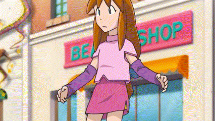 a cartoon girl in a pink skirt is standing in front of a store .