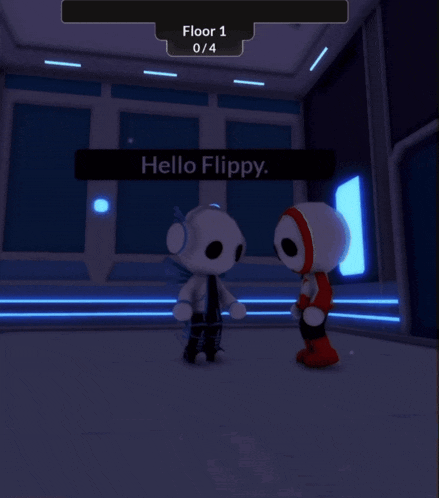 two cartoon characters are standing next to each other in a room with the words hello flippy on the screen