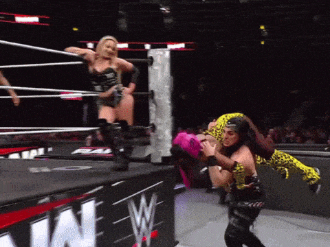 a woman in a leopard print outfit is being lifted in the air by a wrestler