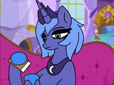 a cartoon drawing of a pony with a crescent moon necklace