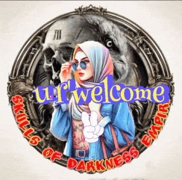 a woman in a hijab stands in front of a skull and says welcome