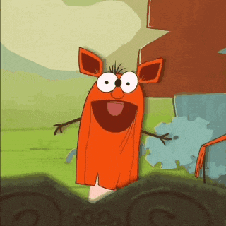 a cartoon character is standing in a grassy field