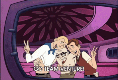 a cartoon scene with the words go team venture