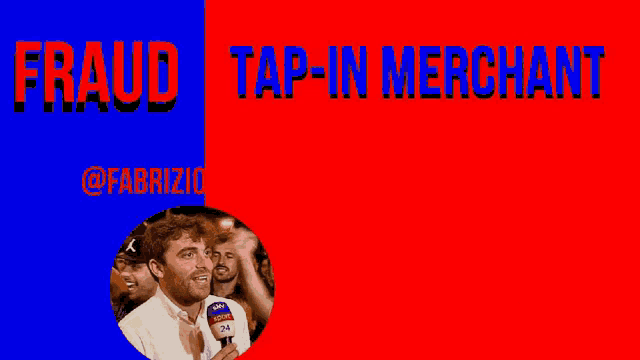 a red and blue poster with the words fraud tap-in merchant