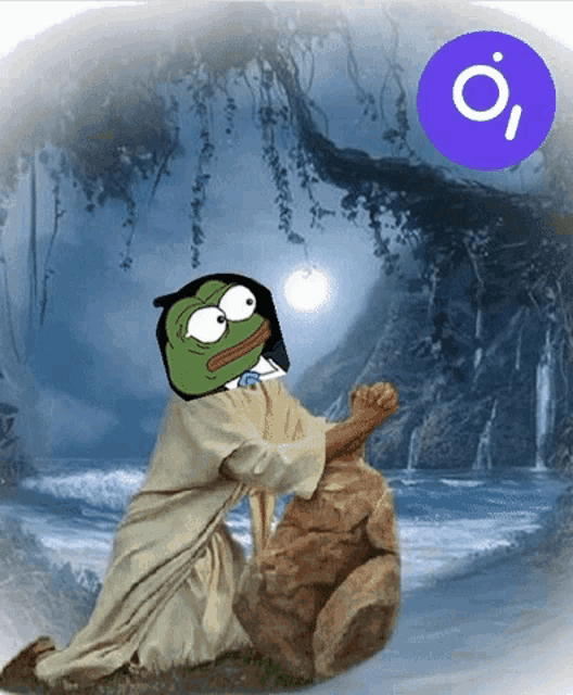 a cartoon of jesus with a purple circle that says oi on it
