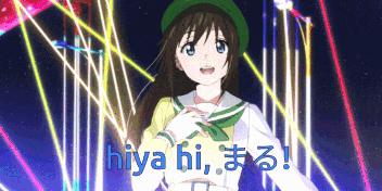 a girl in a green hat stands in front of a sign that says hiya hi