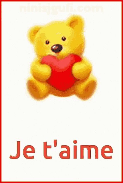 a yellow teddy bear holding a red heart with the words je t 'aime below it