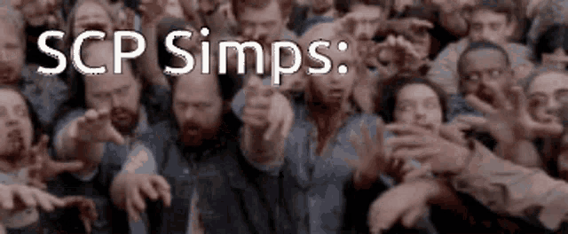 a crowd of people are pointing at each other and the words scp simps are visible in the background