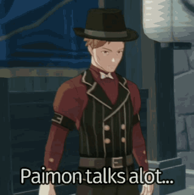 a man in a suit and hat with the words paimon talks alot written below him
