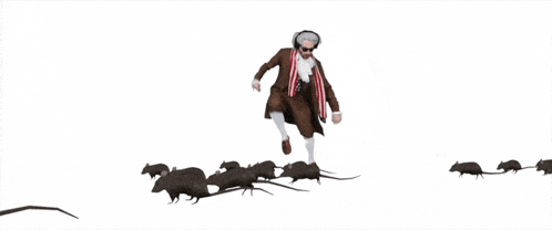 a man in a suit is surrounded by a bunch of black rats