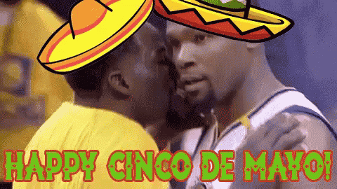 a man wearing a sombrero kissing another man with the words happy cinco de mayo on the bottom