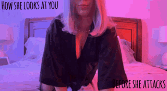 a woman is sitting on a bed with the words how she looks at you above her