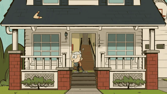 a cartoon of lincoln loud standing in front of a house