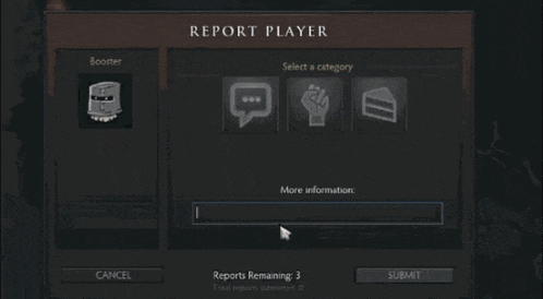 a video game screen shows a report player screen