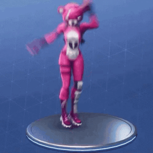 a pink teddy bear is dancing in a video game on a podium .