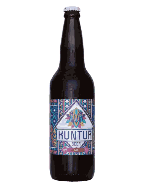 a bottle of kuntur beer with a colorful label on a white background