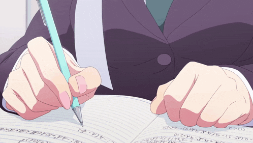 a person is writing on a piece of paper with a blue pen