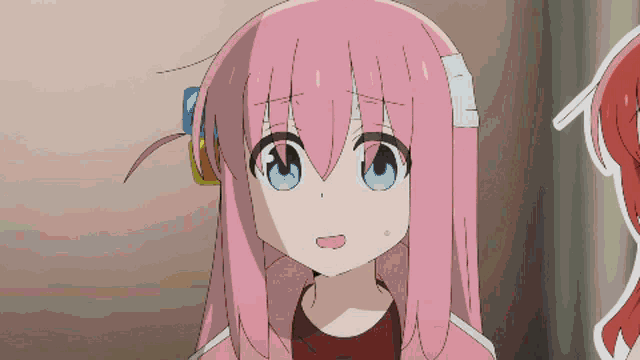 a girl with pink hair and blue eyes is wearing a bandage on her head