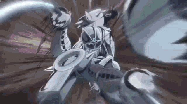 a close up of a person riding a motorcycle with a sword in their hand .
