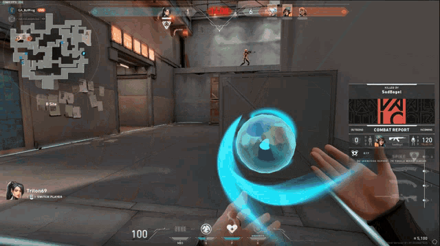 a screenshot of a video game shows a person holding a blue sphere