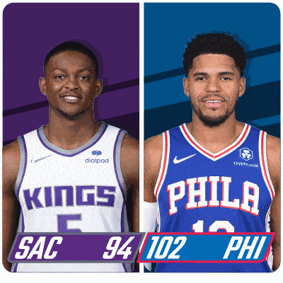 two basketball players from the kings and philadelphia are standing next to each other