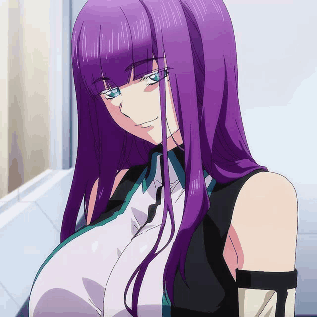 a girl with purple hair and blue eyes is wearing a black and white outfit