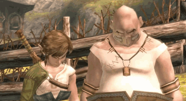 a man and a woman are standing next to each other in a video game scene