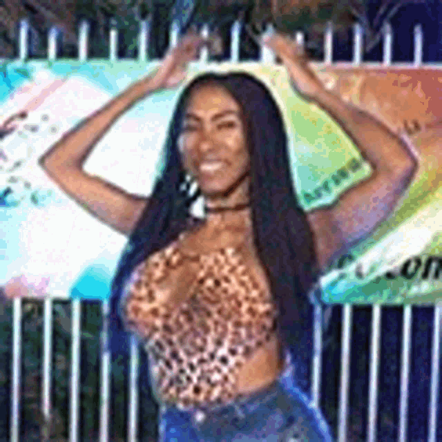 a woman with long black hair is standing in front of a fence wearing a leopard print top .