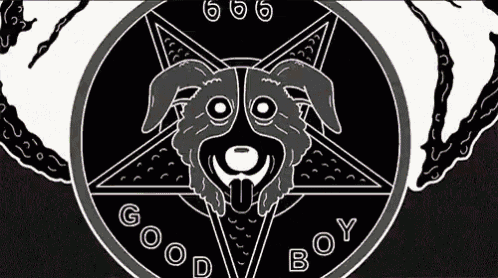 a black and white drawing of a dog in a pentagram that says good boy