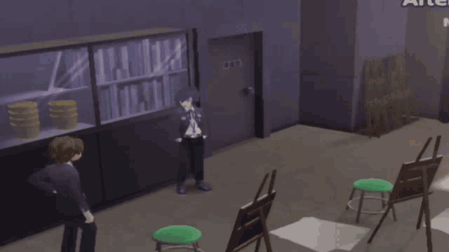 a man in a suit is standing in a room with a sign that says arte