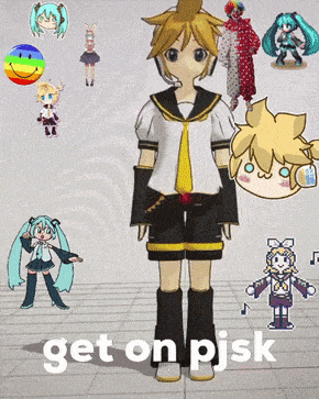 a cartoon character with the words get on pjsk on the bottom right