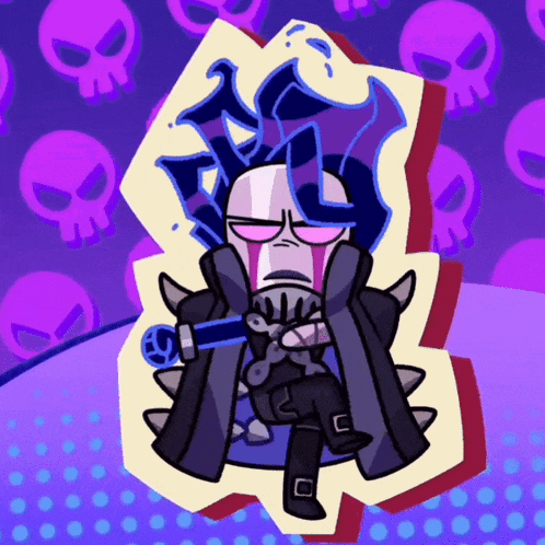 a cartoon character is sitting on a throne with skulls behind him