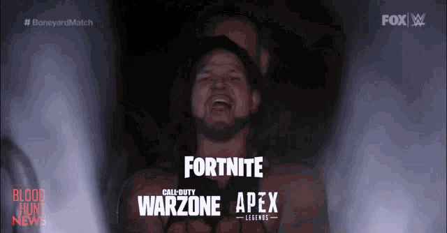 a man is screaming in front of a sign that says fortnite apex
