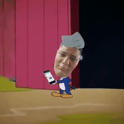 woody woodpecker is holding a cell phone with a picture of a man 's face on it