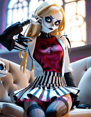 a nightmare before christmas doll is sitting on a couch next to a skull