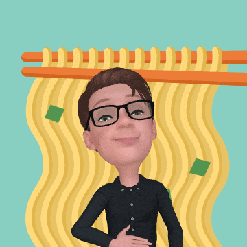 a cartoon of a man with glasses standing in front of noodles and chopsticks