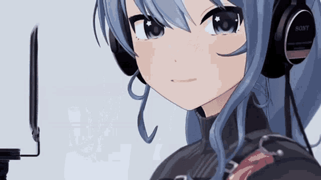a close up of a anime girl wearing headphones and a microphone .