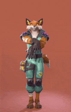 a fox is wearing a green jumpsuit with a yellow triangle on the bottom