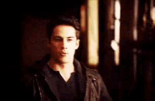 a man wearing a leather jacket and a black shirt is looking at the camera .