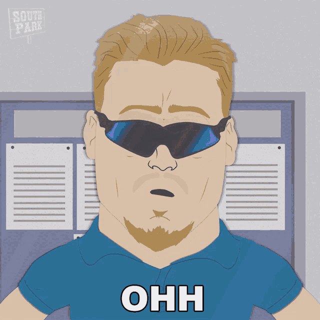 a cartoon of a man wearing sunglasses says ohh in white letters