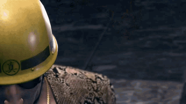 a man wearing a helmet and a snakeskin jacket has a gold chain around his neck