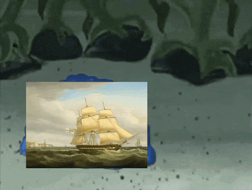 a painting of a ship in the ocean is displayed on a blue background