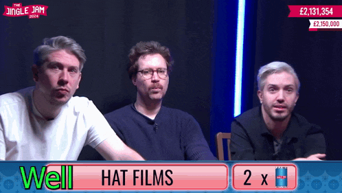 three men sit in front of a screen that says well hat films