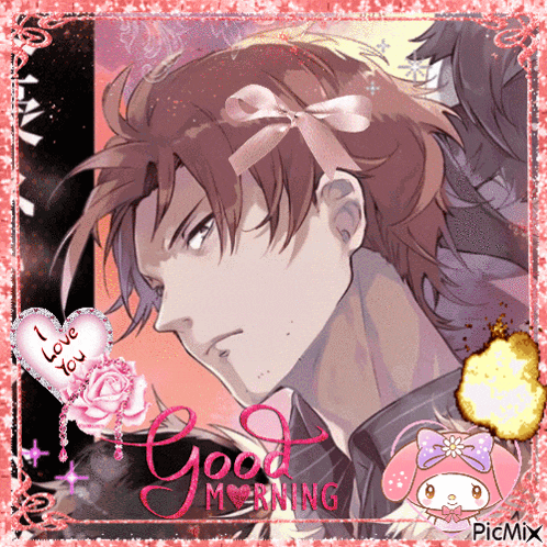 a picture of a man with a pink bow on his head and the words good morning